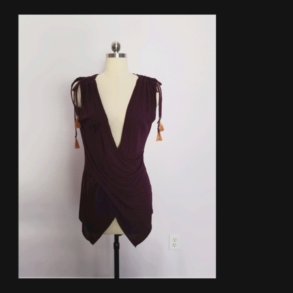 Raw Earth Wild Sky plum tassel vneck top